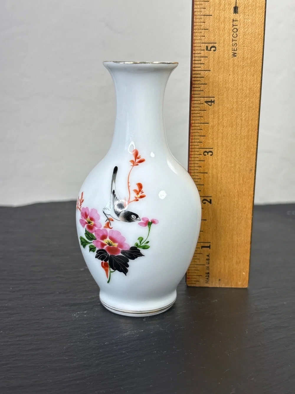 Vintage Chinese White Floral Bird Ceramic Bud Vase